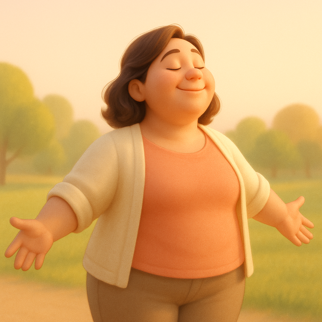 Illustration of a woman outdoors taking a happy, deep breath